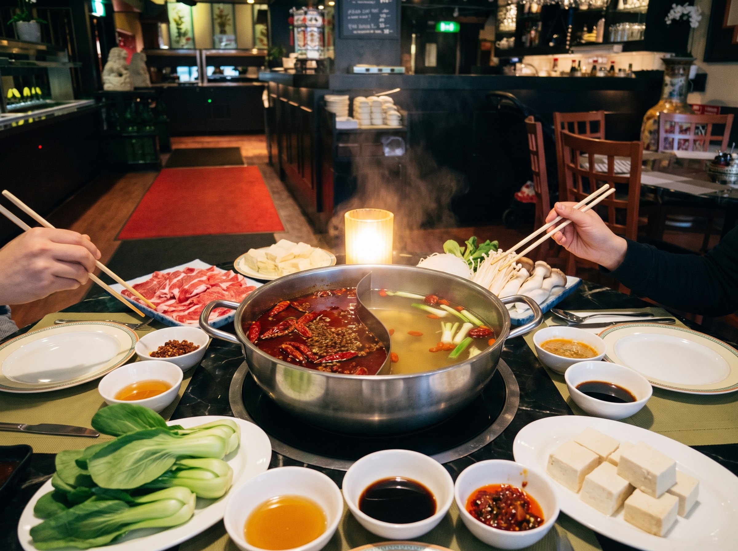 Hot pot med röd mala-buljong och klar buljong, tunt skuren biff, pak choi, svamp och tofu